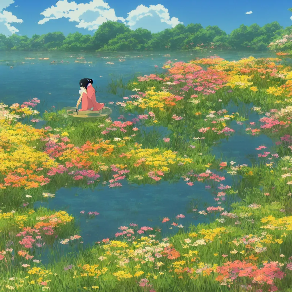 Prompt: a beautiful lake with blooming flowers, sunshine, warm colors, relaxing, calm, cozy, peaceful, by mamoru hosoda, hayao miyazaki, makoto shinkai