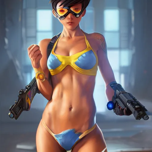 prompthunt: overwatch tracer in a bikini, digital art, pretty face, very  beautiful face, very detailed eyes, 8 k resolution, by wlop, greg  rutkowski, full body