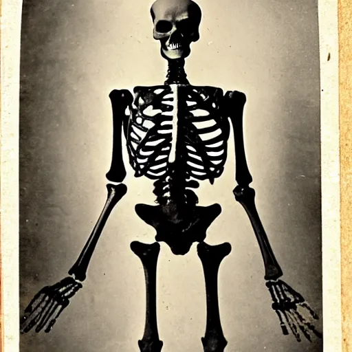 Prompt: Victorian Photograph of a skeleton outside