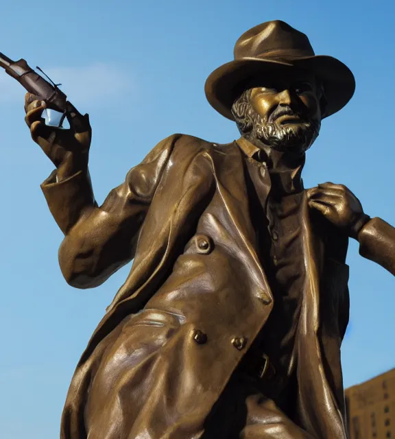 Image similar to a 4 k photorealistic photo medium shot of a bronze statue of a man wearing a fedora holding one revolver in each hand.