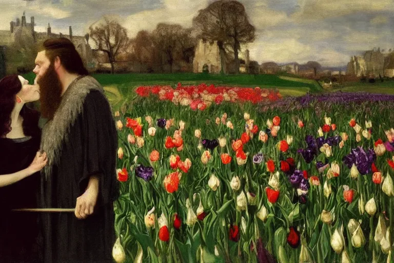 Image similar to hagrid the viking and morticia addams kiss in a field of tulips, masterpiece, highly detailed, oil on canvas, art by walter sickert, john singer sargent, and william open