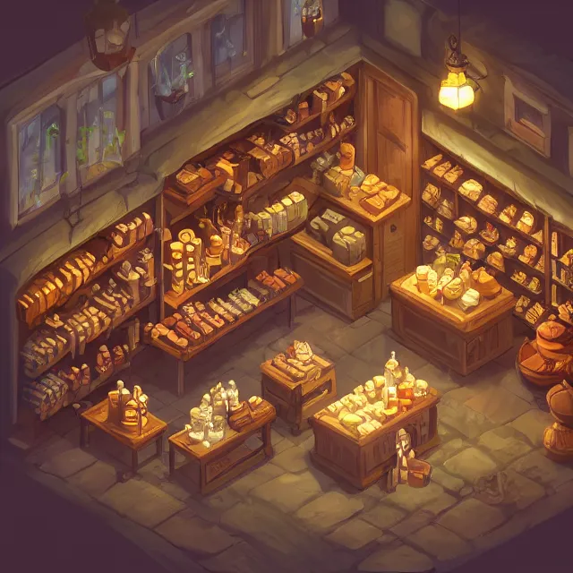 Prompt: an isometric digital painting of a cosy medieval apothecary shop, volumetric lighting, digital art, isometric, artstation hd