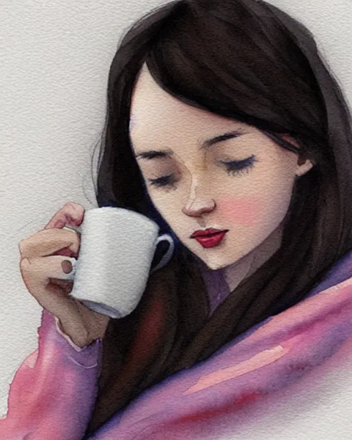 Image similar to a cozy watercolor painting of a pretty french girl with dark hair, wearing an oversized sweater, cuddled up by a windowsill making eye contact with the viewer, holding a mug of hot tea covering her lower face. In the style of ilya kuvshinov, dramatic lighting, fantasy, intricate, elegant, highly detailed, lifelike, photorealistic, digital painting, bokeh, HDR, high resolution, artstation, concept art, smooth, sharp focus, art by Krenz Cushart and Albert Aublet