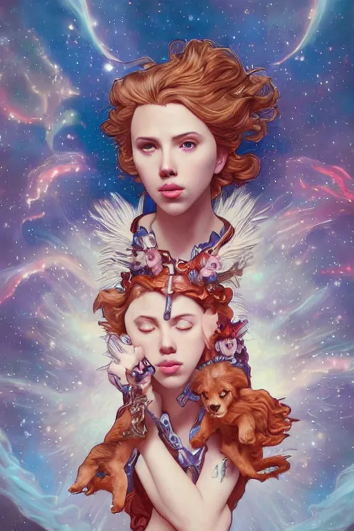 Image similar to celestial anthropomorphic puppy scarlett johansson, by artgerm and yoshitaka amano and moebius and alphonse mucha, hyperdetailed, dc comics, ornate, nebula, explosions in the sky, trending on artstation