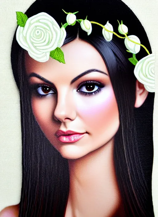 Image similar to a sewn thin thread image of Victoria Justice as the goddess of white roses on velvet. ultra detailed painting at 16K resolution and amazingly epic visuals. epically beautiful image. amazing effect, image looks gorgeously crisp as far as it's visual fidelity goes, absolutely outstanding. vivid clarity. ultra. iridescent. mind-breaking. mega-beautiful pencil shadowing. beautiful face. Ultra High Definition. godly shading. amazingly crisp sharpness. photorealistic film cel processed twice..