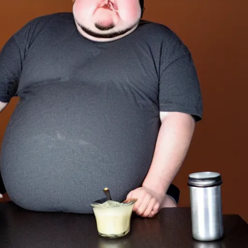 Image similar to obese 20 year old with messy black hair and big beard drinking mayonnaise from the jar