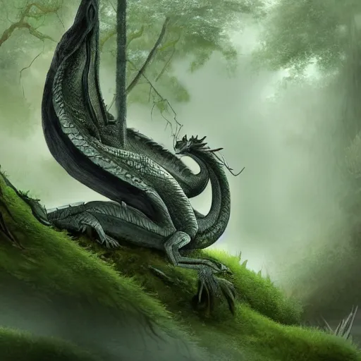 Image similar to peaceful dragon in a beautiful, misty forest, leaning over a steep hill, elongating its neck to sip water from the flowing, turbulent river, trending on artstation, intricately defined, complexly detailed, robustly ordinated, 4 k quality, digital art