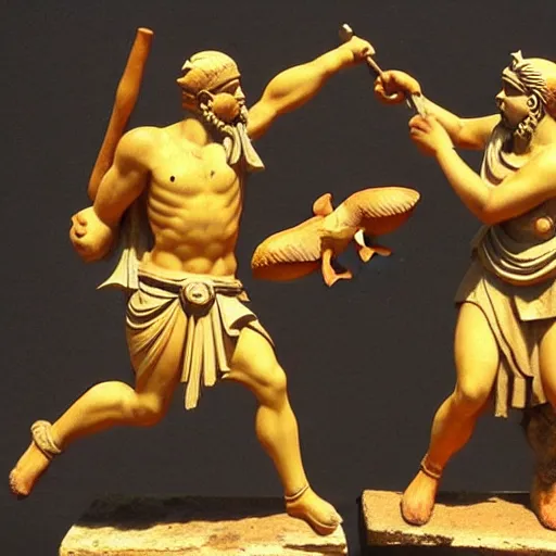 Image similar to greek warriors fighting against ducks, ancient greek statue, epic, detailled