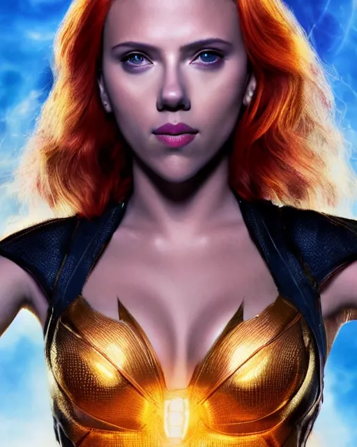 Image similar to scarlett johansson portraying a beautiful starfire, beautiful scarlett johansson starfire, movie, hyper realistic, hollywood promotional image, imax, 8 k