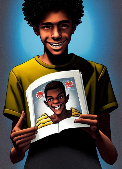 Image similar to portrait of teenage chuck clayton, black teenage boy, very short curly hair, very short hair, square jaw, slight excited smile, reading archie comic book, intricate, elegant, glowing lights, highly detailed, digital painting, artstation, concept art, smooth, sharp focus, illustration, art by wlop, mars ravelo and greg rutkowski