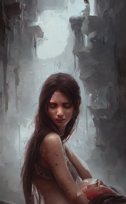 Image similar to The most beautiful arabian girl in the world crying blood ,digital art,ultra realistic,ultra detailed, ultra wide Lens, art by greg rutkowski