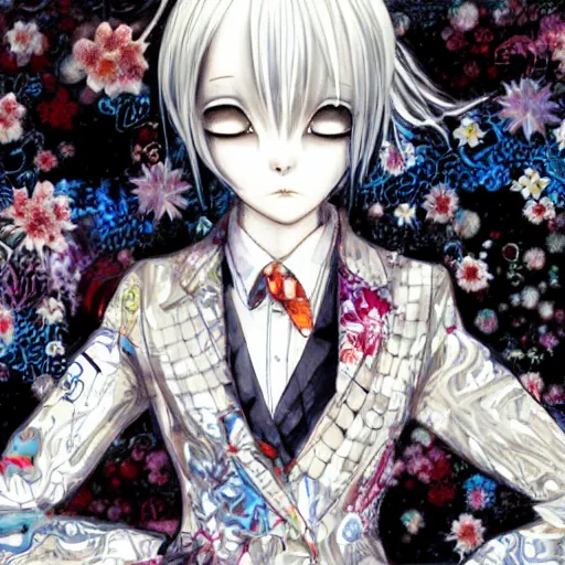 Prompt: yoshitaka amano realistic illustration of an anime girl with black eyes and short white hair wearing dress suit with tie and surrounded abstract junji ito style patterns in the background, blurry and dreamy illustration, noisy film grain effect, highly detailed, oil painting with expressive brush strokes, weird portrait angle