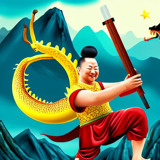 Prompt: Chinese president, battle, weapon bananas, dragon, mountains background, fighting stance, painting
