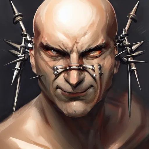 Prompt: bald man with iron spikes driven through his eyes, portrait, behance hd artstation, style of jesper ejsing