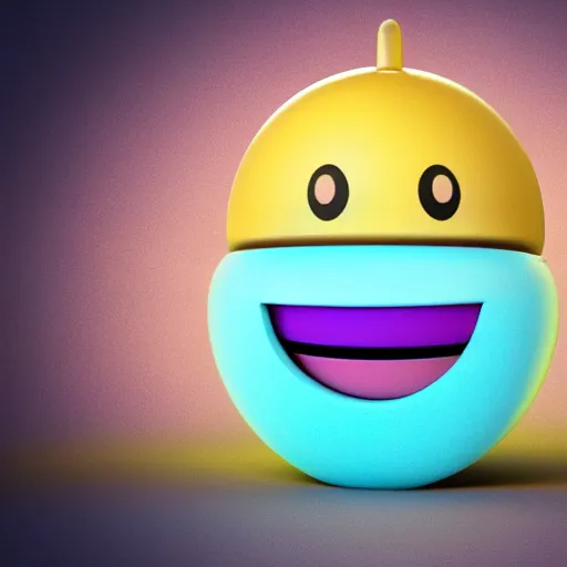 Image similar to high quality 3 d render made with blender of a small happy emoji piloting a colourful toy robot robot. the background is a purple gradient