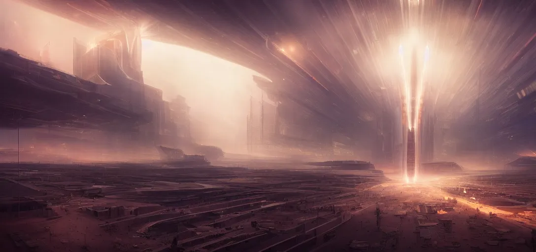 Prompt: view from the desert ground fire night stars of futuristic mechanical blade runner cyberpunk architecture, light rays, symmetry, cinematic lighting, ultra detailed, sharp, ambient occlusion, bloom, raytracing, by greg rutowski, paul chadeisson and jessica rossier