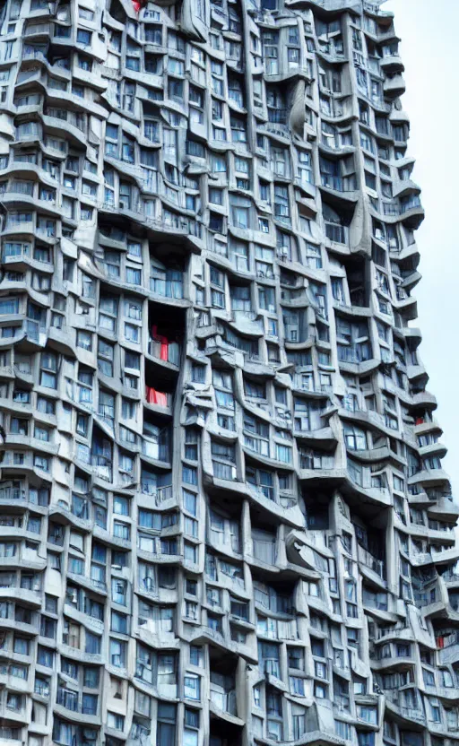 Image similar to giant monster with apartment in its chest, humans looking out from the windows embedded in the monster's chest, living apartment building, apartment building in the shape of a monster, monster made of apartment building