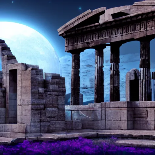 Prompt: ancient greek structure in the moon, retrowave epic art, trending on art station