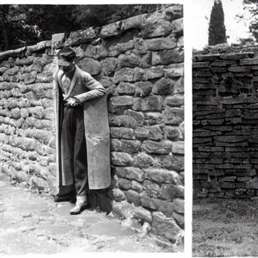 Image similar to A terrified young man in 1930s attire cornered with his back against a stone wall