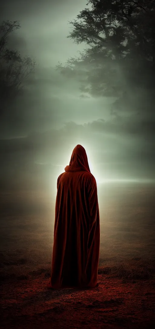 Prompt: photo of mystery figure in a long robe looks into the camera, dark fantasy, cinematic, volumetric lighting, epic composition, high detail, dark fantasy, sunset, swamp