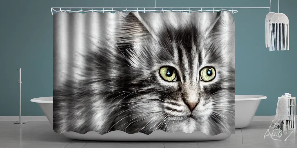 Image similar to a ( ( ( ( ( maine coon kitten ) ) ) ) ) baby yoda artwork themed shower curtain, shower curtain. product photography. product lighting. digital art. 4 k, highly detailed. saturated.