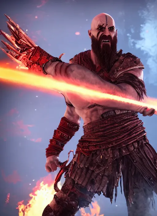 Image similar to red facial stripe armored screaming kratos rocking hard on a flaming stratocaster guitar, cinematic render, god of war 2 0 1 8, playstation studios official media, lightning, flames, clear, coherent, guitar