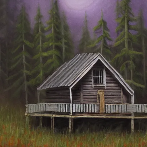 Image similar to a painting of a eerie cabin in the middle of the woods in the style of digital art