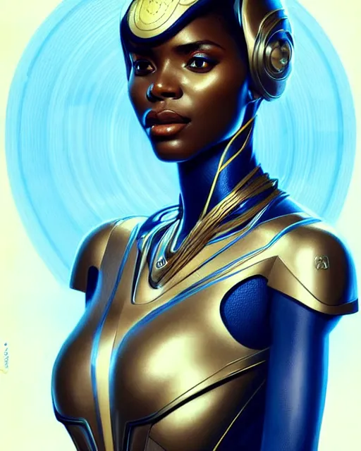 Image similar to Portrait of very very very very very very beautiful african woman, spacesuit, futuristic cybernetic helmet, blue eyes, real life skin, intricate, elegant, highly detailed, artstation, concept art, smooth, sharp focus, art by artgerm and greg rutkowski and alphonse mucha