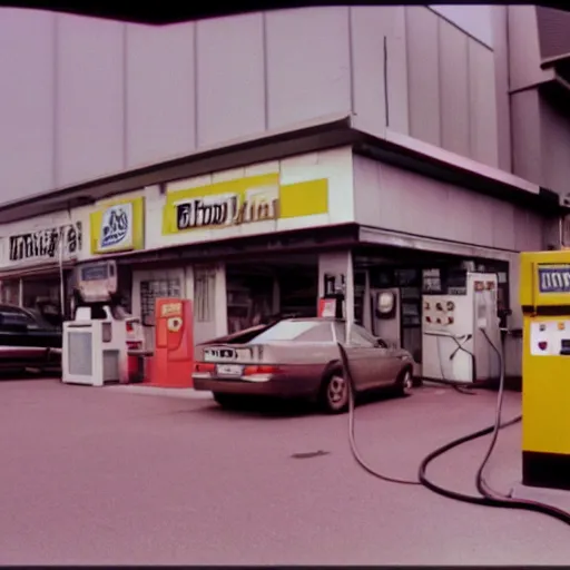 Image similar to a blobfish kaiju trashing a petrol station, cinematic, 35mm VHS copy film grain directed by David Lynch