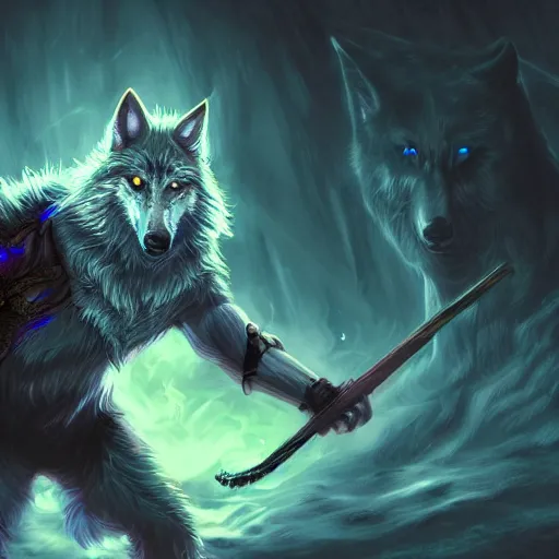 Image similar to wizard is holding a staff as a wolf, dynamic pose, chromatic aberration, medium level shot, fantasy, illustration, concept art,