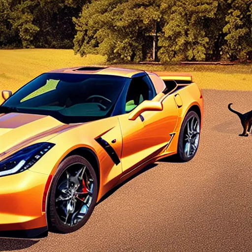 Image similar to corvette with cats sitting in and on the car, cinematic, golden hour, shadows, wide shot