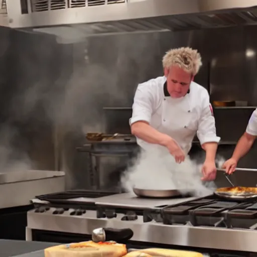 Image similar to hyper real Gordon Ramsey cooking a unicorn in kitchen 4k