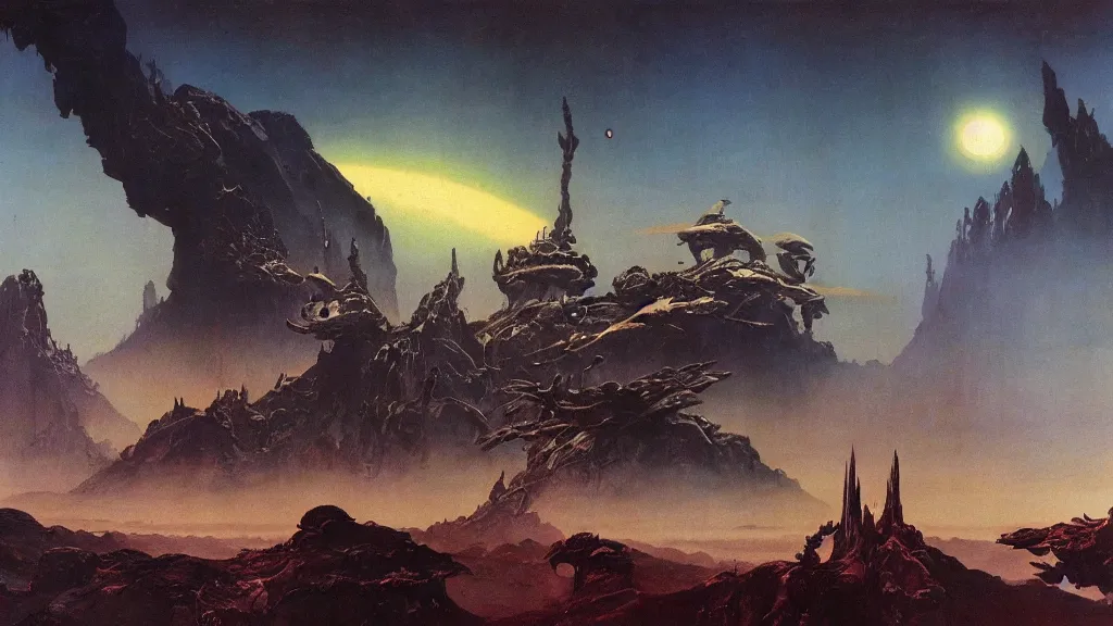 Image similar to surreal eerie alien planet empire by frank frazetta and bruce pennington, cinematic matte painting