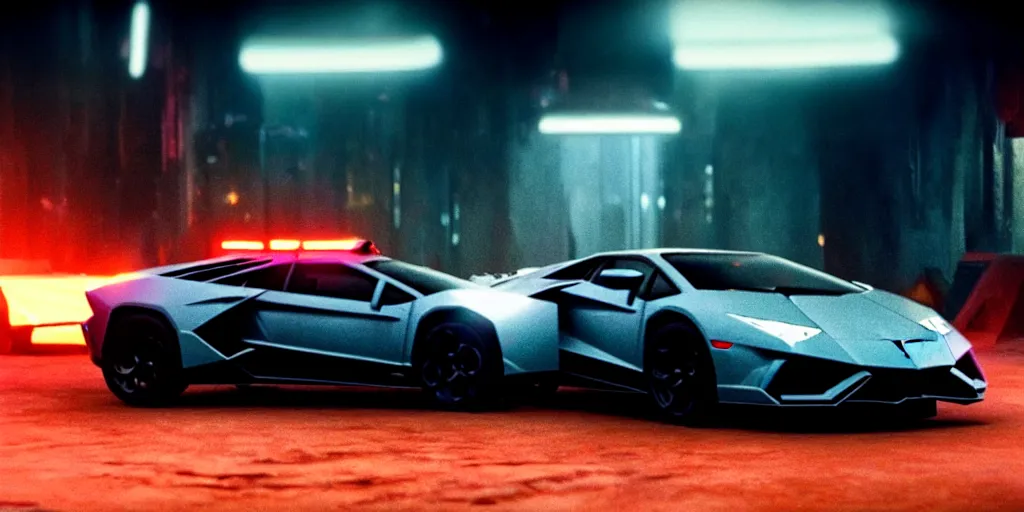 Image similar to A cinematic film still of a Lamborghini in the movie Blade Runner: 2049.