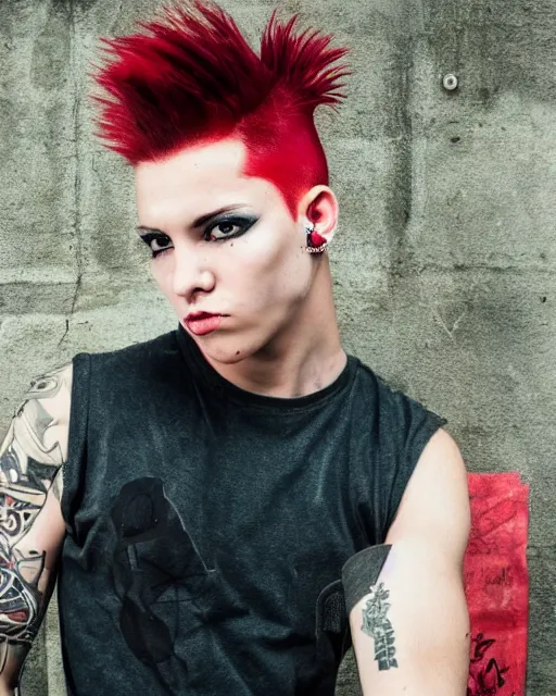 Image similar to young man with a short red dyed mohawk, red eyes and a slim face, dressed in punk clothing, headshot, attractive, handsome, in color, no makeup, model, realism art