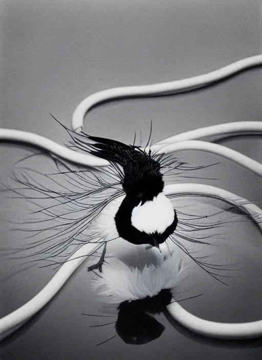 Image similar to realistic photo portrait of common bird with white feathers many cords leds and detailed wires, spherical black helmets, in a big pool filled with mercury, the sky is grey, 2 0 0 0, life magazine photo,