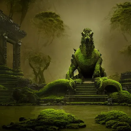 Prompt: epic temple ruin with a statue of a dragon overgrown with moss in a dark lush green forest, dark night, glowing particles, volumetric fog, by greg rutkowski, WLOP, trending on ArtStation, CGSociety, concept art, cgsociety, octane render, trending on artstation, artstationHD, artstationHQ, unreal engine, 8k