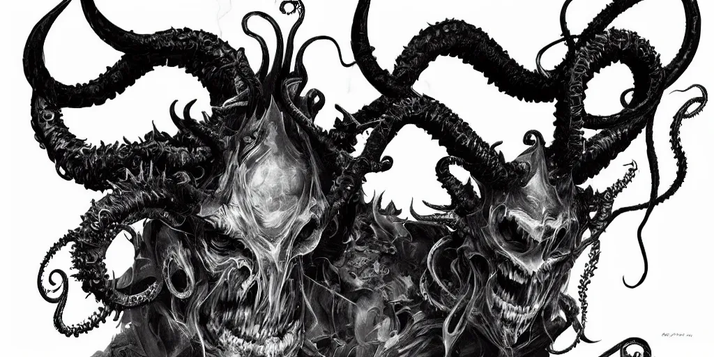 Image similar to highly detailed black and white photography of a demon face with pointed horns and tentacles, beautiful face, art by durero, illustration