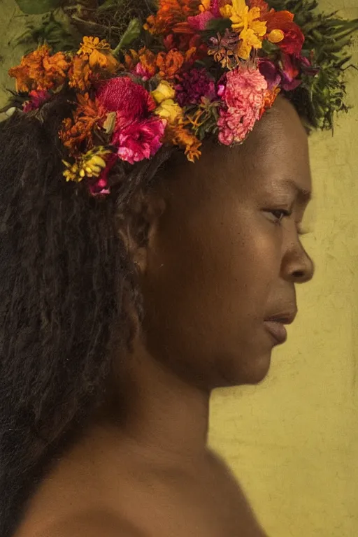 Image similar to an African American woman's face in profile, long dark hair, made of flowers and fruit, in the style of the Dutch masters and Gregory crewdson, dark and moody