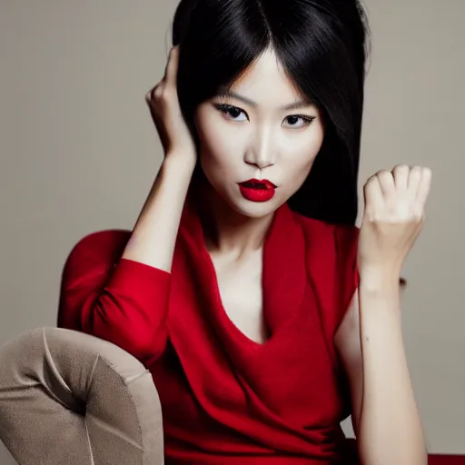 Image similar to vogue fashion model portrait asian woman, black and red, elegant