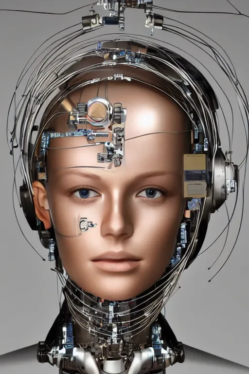 Image similar to robot with human face, female head, full body angle, woman human face, human face realistic, beautiful blonde hair, human head, human head with blonde hair, blonde hair human head, blonde hair, human realistic face, human head skin, cyborg frame concept, cyborg by ales-kotnik, sci-fi android female, the body is made of wires, robotic body, cyborg body, cyborg bust body, robot body cyborg, full body