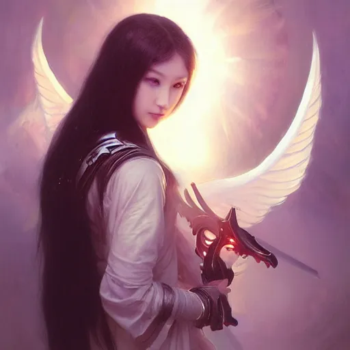 Prompt: Beautiful pale angelic goth asian girl with angel wings and devil\'s horns, warhammer 40000 masterpiece 4k digital illustration by Ruan Jia and Mandy Jurgens and Artgerm and william-adolphe bouguereau, highly detailed, trending on artstation, award winning,