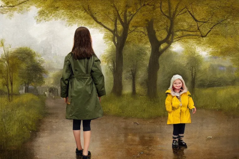 Image similar to a hyperdetailed digital oil portrait painting of a little girl in yellow raincoat, forest, bus station, rainny, by brueghel the elder, trending on artstation and deviantart. digital art