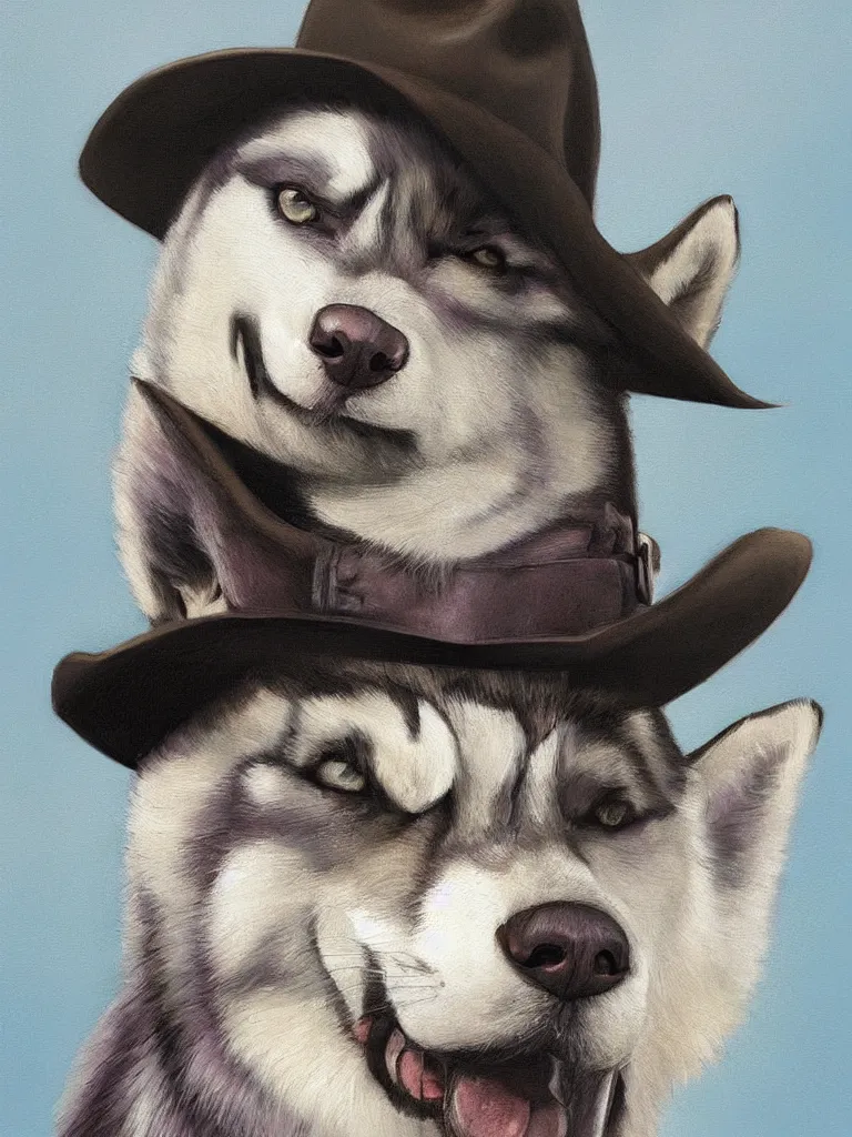 Prompt: a portrait painting of a husky in cowboy costume, wearing a cowboy hat, by studio ghibli, in the style of anime, [ western film ], humanoid, personify, anthropomorphic, trending on artstation