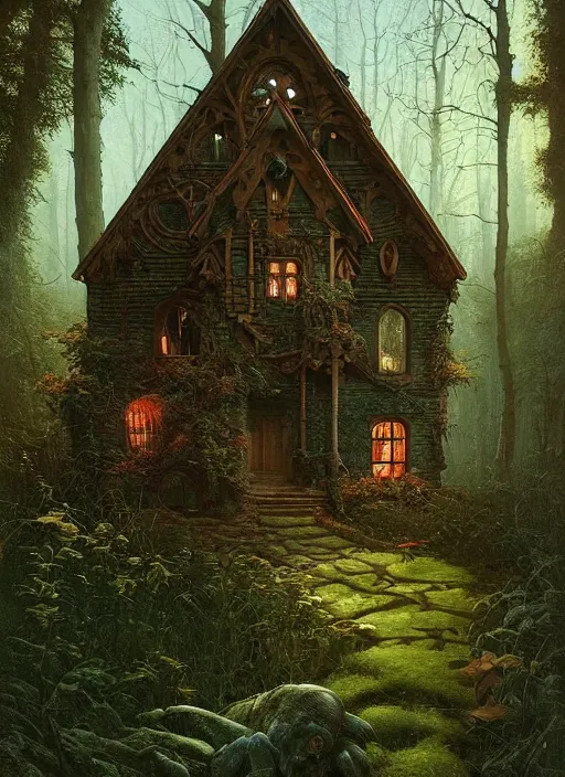 Image similar to hyper realistic homely ornate modern witch cottage far away in the woods gorgeous lighting, blue sky, highly detailed, lush forest by zdzisław beksinski and norman rockwell and greg rutkowskiweta studio, and lucasfilm