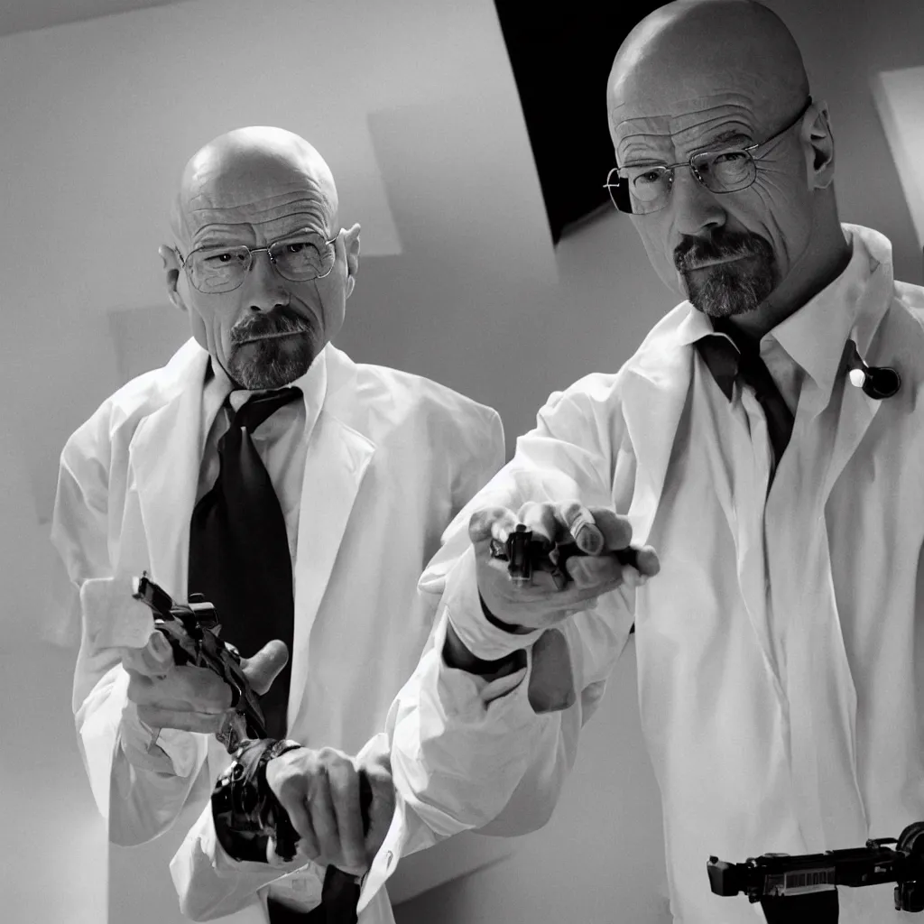 Image similar to walter white in a white suit, holding a pistol