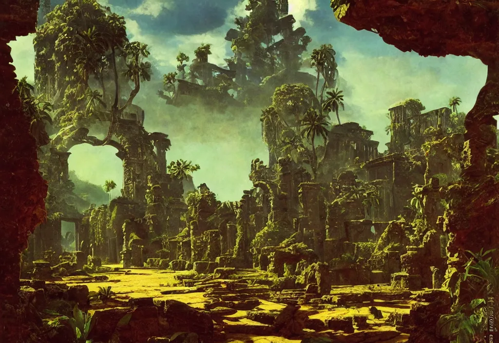 Image similar to a tropical alien world, ancient ruins, by roger dean, good lighting, david a. hardy, syd dutton, albert bierstadt