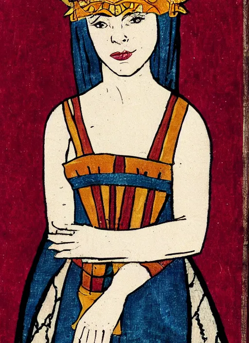 Image similar to portrait of young woman in medieval dress and medieval headdress, style by the fifth element