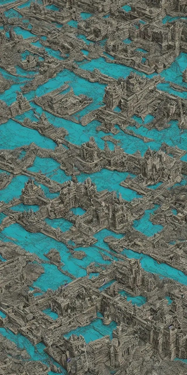 Image similar to an exquisite metallic 3 d map of a lost city of castles, black and teal, intricate, highly detailed, epic, marginalia, unreal engine