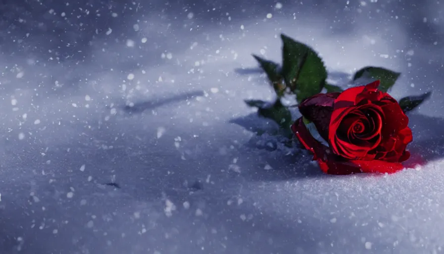 Image similar to red rose in the snow, sunlight, volumetric light, hyperdetailed, artstation, cgsociety, 8 k